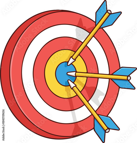Achieving business goals: a colorful target with three arrows hitting the center, illustrating success, precision, and accurate aiming.