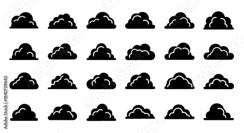 Black Cloud Silhouette Icons Collection: Weather Forecast, Cloud Computing, Sky Icons, Graphic Elements for Logo, Branding, and Decorative Designs, Vector