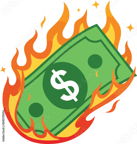 Green dollar bill engulfed in intense flames, a powerful illustration symbolizing financial crisis, economic downturn, inflation, and significant money loss.