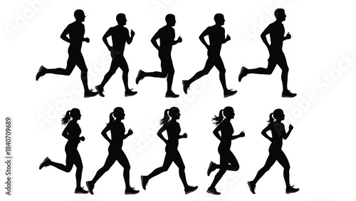 Silhouettes of men and women running on white background