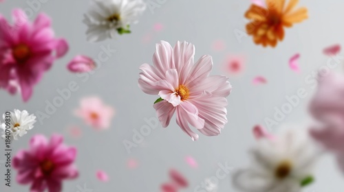 Vibrant assortment of floating flowers on soft background