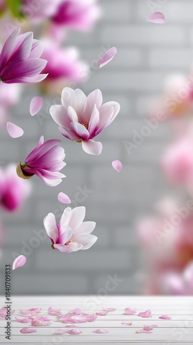 Magnolia blossoms floating gently against soft focus brick background