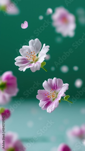 Pink and white cherry blossoms floating on teal background