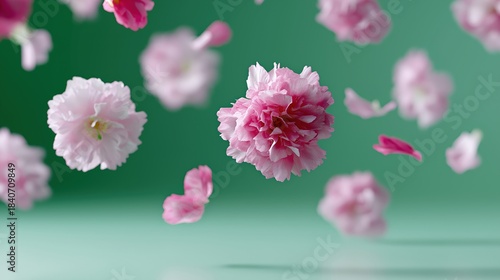 Pink cherry blossom petals floating against vibrant green background