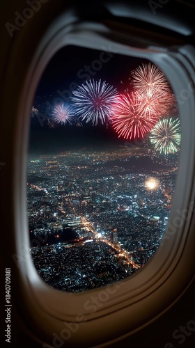 Stunning nighttime cityscape with fireworks viewed from airplane window