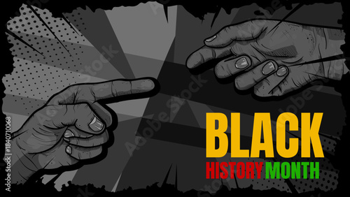 Black history month banner, comic book style illustration with reaching hands