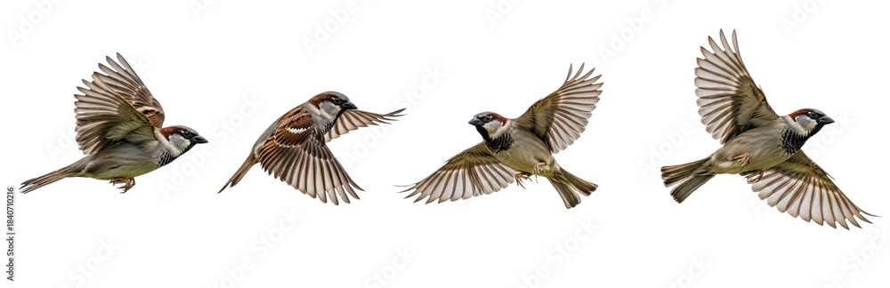 Fototapeta premium Set Of House sparrow bird in various poses isolated on transparent background, Flying Sparrow PNG