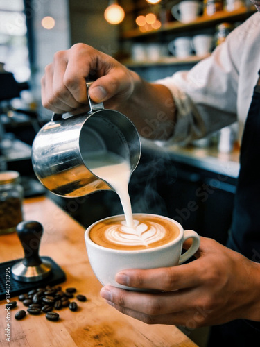 A barista is pouring milk into a cup of coffee