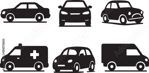 Versatile black vector icons collection of various essential automobiles: sedan, compact car, vintage vehicle, ambulance, and delivery van transportation set.