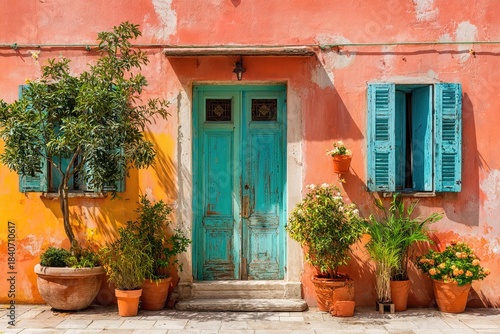 Fototapeta Naklejka Na Ścianę i Meble -  building with blue wooden doors stands against bright orange wall. Potted plants line front, including small trees and flowers. scene shows warm, sunny day