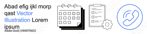 Time management, task tracking, planning, workflow organization, business communication, scheduling tools. Calendar, checkbox list and phone icon with cogwheel. Time management and task tracking