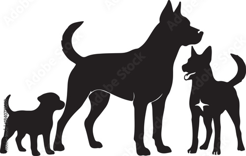 Silhouette illustration of a canine family: large adult dog, medium adult dog, and a small puppy standing together, symbolizing loyalty and companionship.