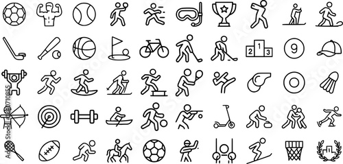 Sport icon set with 50 dynamic fitness and athletics symbols for training, competition, team sports and healthy lifestyle graphics in professional vector SVG format