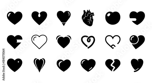 Heart Icons Set: Collection of Black and White Heart Shapes, Including Anatomical Heart, Broken Heart, Love Symbols, Valentines Day, Healthcare, Design Elements, Vector Illustration