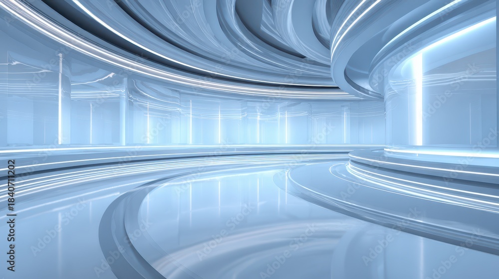 Fototapeta premium Three-Dimensional News Studio with Elegant Blue Backdrop and Ambient Lighting for Dynamic Broadcasting