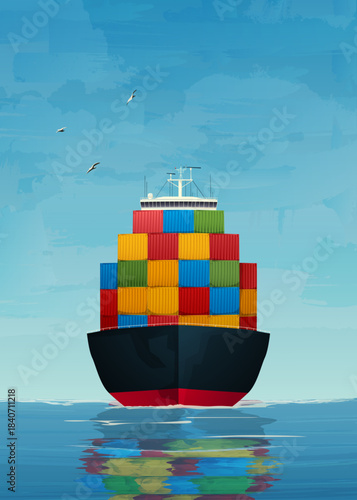Front view of a cargo, container ship on the open sea. Seascape composition, background vector illustration.