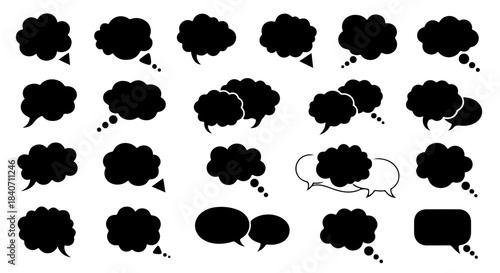Vector Speech Bubbles Set - Black Silhouette Dialogue Clouds, Thought Bubbles, Comic Book Elements, Chat Icons, Blank Text Boxes, Conversation Symbols, Communication Design, Digital Art, Isolated 