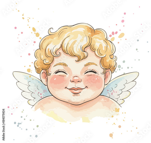 Happy cherub portrait. Smiling little angel. Watercolor cupid vector illustration. Blissful baby angel. Golden-haired blond cherub. Pastel valentine's day angel with wings