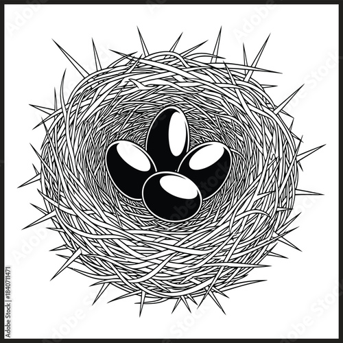 Black and White Illustration of a Bird's Nest with Four Eggs Keywords: bird nest, eggs, nest, bird eggs, wildlife, nature, spring, hatching, ovum