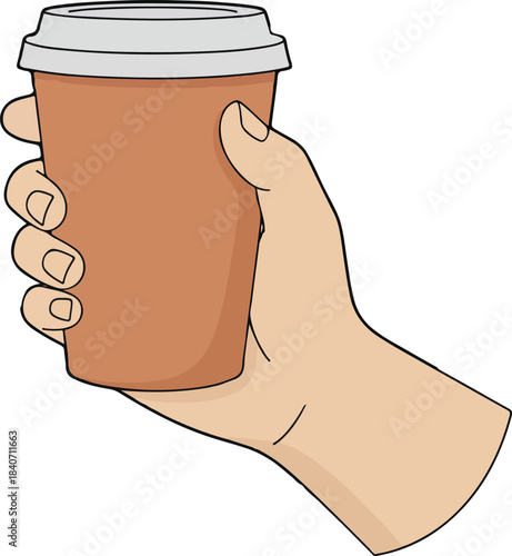 Human hand holding a brown disposable coffee cup with a white lid, perfect for morning beverage concepts, cafe graphics, and daily routine.