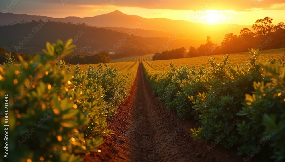 Fototapeta premium Rows of green macadamia nut trees stretch towards mountains at sunset. Golden sunbeams illuminate a vast agricultural plantation. Peaceful rural landscape with mountains in background during twilight.
