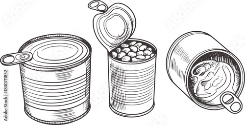 Black and white of three tin cans open and closed cylindrical