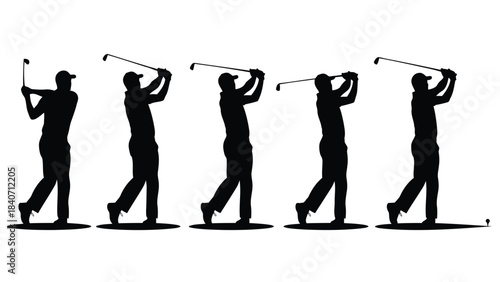 Silhouette of a golfer in various swings isolated on white background