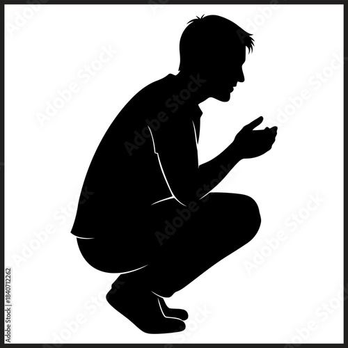 Silhouette of a man crouching with hands held open squatting