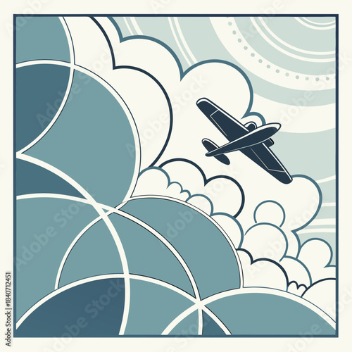 Vintage Aviation Abstract Vector Illustration with Propeller Plane Flying Over Stylized Clouds and Geometric Sky