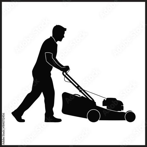 Silhouette of a man pushing a lawnmower in a garden gardening