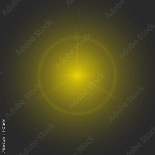 Abstract golden yellow light flare emanating from a central point against a dark black background with subtle circular rings and pixelated texture