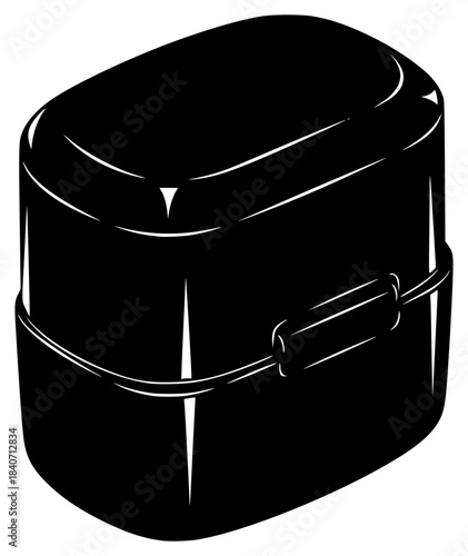 A black and white illustration of a round container with a handle, black, briefcase, container, cosmetic, hassock, illustration, lid, stool, against transparent background