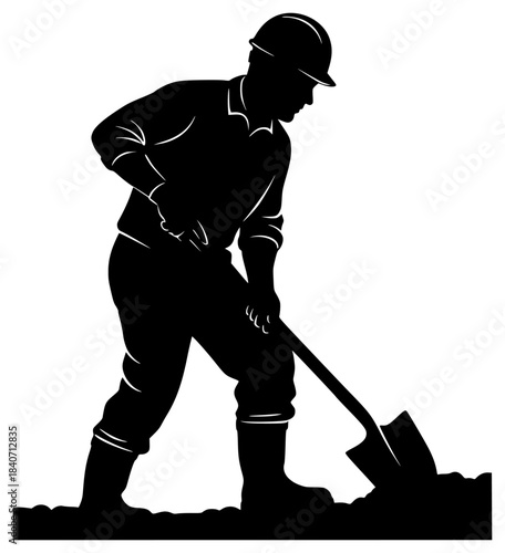 A silhouette of a construction worker digging with a shovel, black, construction worker, floor, gardener, job, land, man, profile, rake, shovel, tool, against transparent background