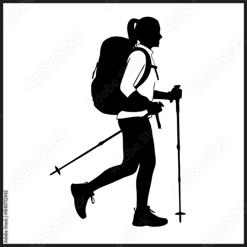 Silhouette of female hiker with backpack and trekking poles on white background woman hiking