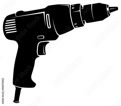 A black and white silhouette of a drill, black, drill, icon, illustration, profile, repair, screw, screwdriver, tool, against transparent background