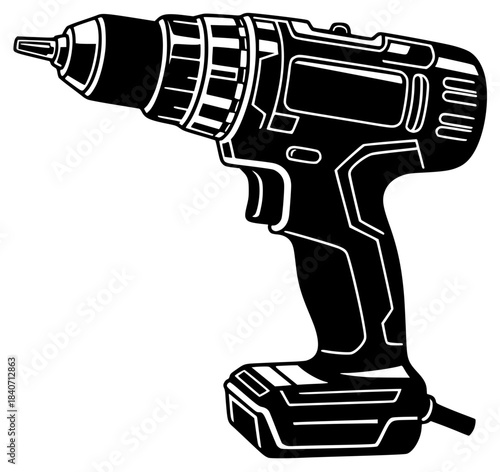 A black and white silhouette of a cordless drill, black, drill, icon, illustration, repair, screw, screwdriver, tool, against transparent background