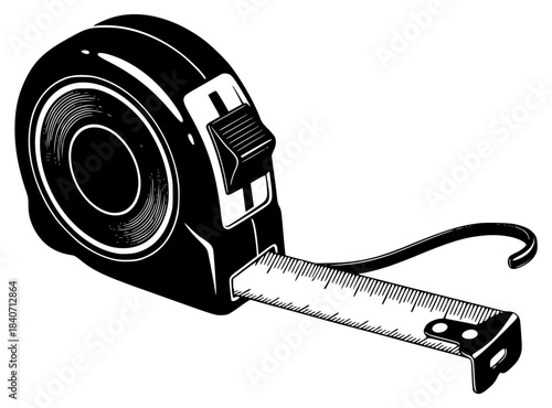 A black and white illustration of a tape measure with a metal ruler, black, cassette, equipment, illustration, lens, measuring tape, radio, reel, ruler, strap, tape, against transparent background