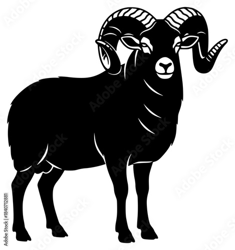 A black and white silhouette of a ram with curved horns, animal, black, bull, goat, illustration, profile, ram, sheep, stand, trumpet, against transparent background