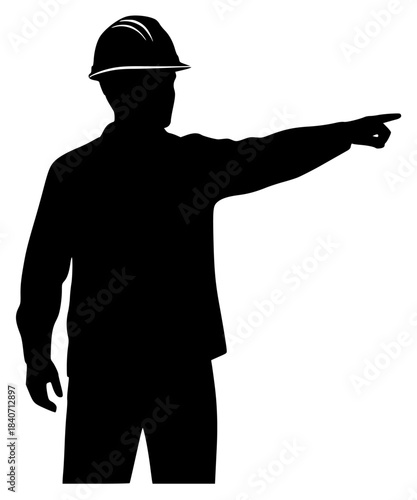 A silhouette of a man wearing a hard hat pointing at something, black, construction worker, engineer, gun, hand, hat, helmet, man, point, profile, stand, sun hat, wear, against transparent background