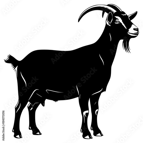 A black and white silhouette of a goat standing on a plain background, animal, black, goat, illustration, image, profile, ram, stand, trumpet, against transparent background