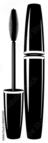 A black and white illustration of a mascara and its container, black, brush, cosmetic, illustration, lash, lipstick, mascara, profile, tool, tube, against transparent background
