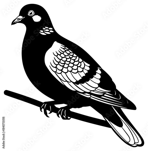 A black and white silhouette of a bird perched on a branch, bird, black, branch, illustration, perch, pigeon, profile, sit, tree branch, white, against transparent background