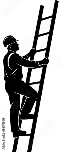 A silhouette of a construction worker climbing a ladder, black, climb, construction worker, illustration, ladder, man, overall, profile, against transparent background