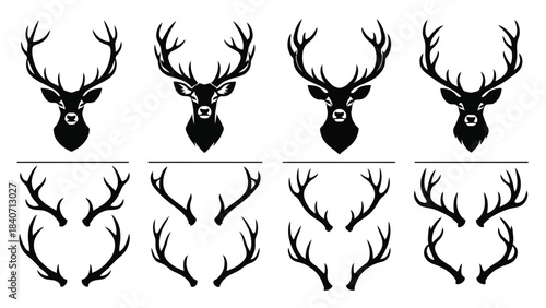 Black deer head silhouettes with antlers on white background