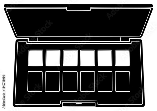 A black and white silhouette of a makeup palette., black, briefcase, cosmetic, flat, icon, illustration, open, against transparent background