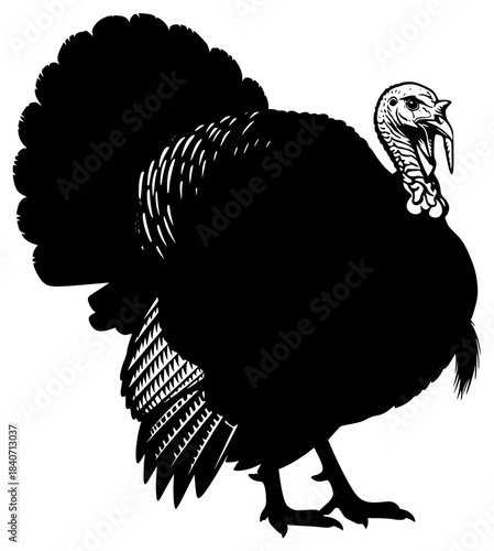 A black and white illustration of a wild turkey, black, illustration, profile, thanksgiving, turkey, wild, against transparent background