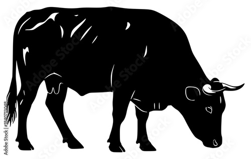 A black and white silhouette of a cow grazing, animal, black, buffalo, bull, cattle, cow, illustration, profile, stand, trumpet, against transparent background