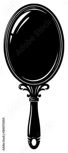 A black and white silhouette of a hand mirror with an ornate handle, black, brush, illustration, magnifying glass, mirror, profile, against transparent background