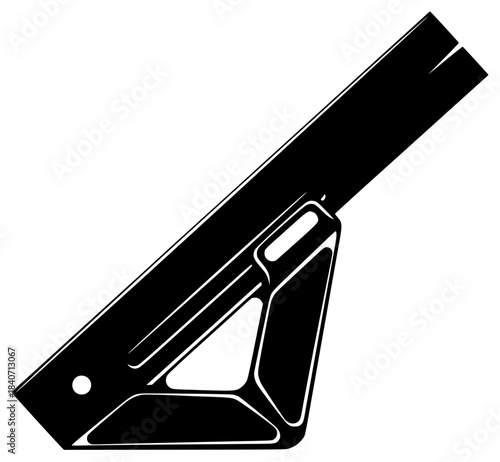 A black and white silhouette of a square with a handle, black, flat, gun, icon, illustration, profile, style, telescope, tool, against transparent background
