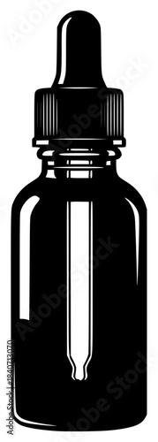 A black and white silhouette of a dropper bottle, black, bottle, dropper, illustration, ink, liquid, against transparent background
